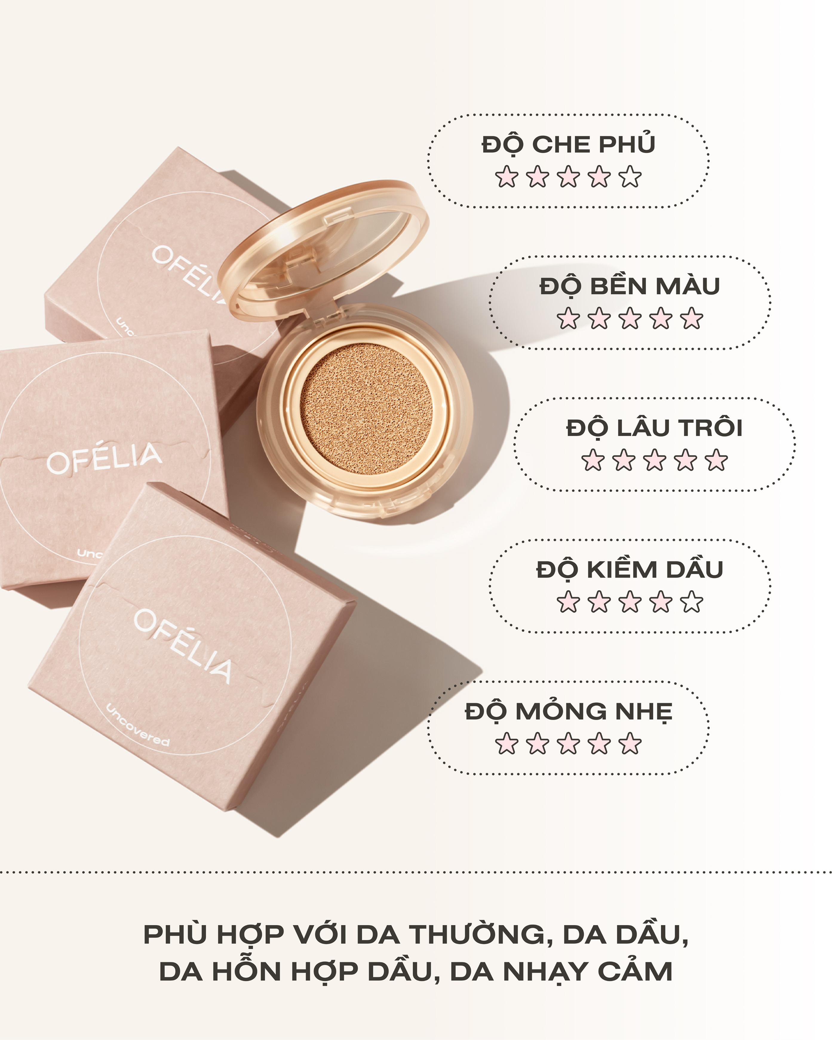 Phấn Nước Mịn Lì Lâu Trôi OFÉLIA Uncovered Longwear Cushion SPF50+/PA++++